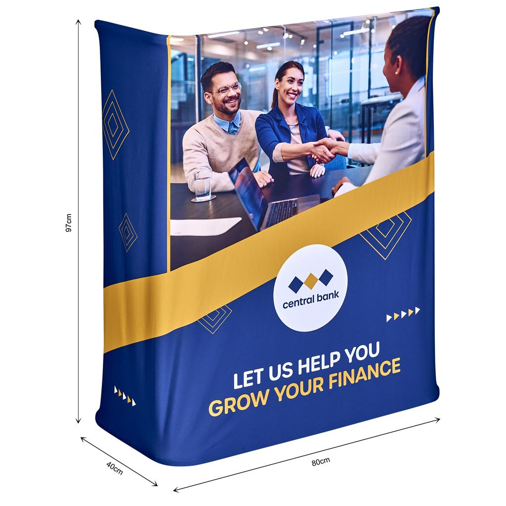 Pop-Up Hydraulic Fabric Counter Skin custom branded with your logo by Print Fast Express